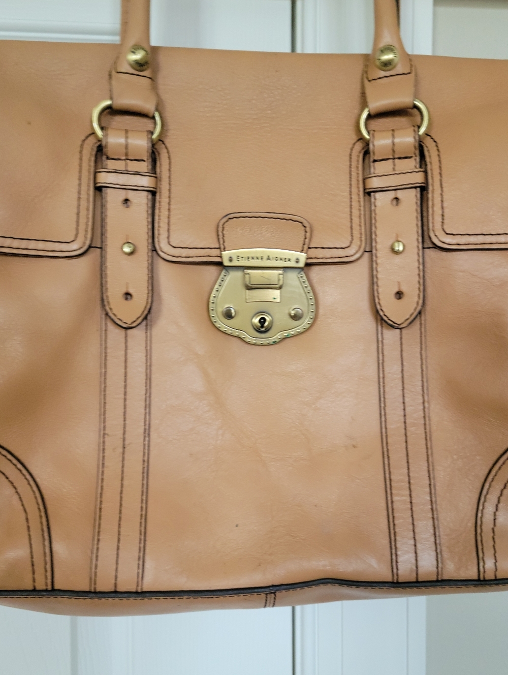 ETIENNE AIGNER VTG RARE '90s XL Tan Leather Satchel Handbag Structured Design